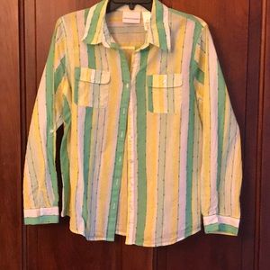 Long sleeve button up blouse, green, yellow white